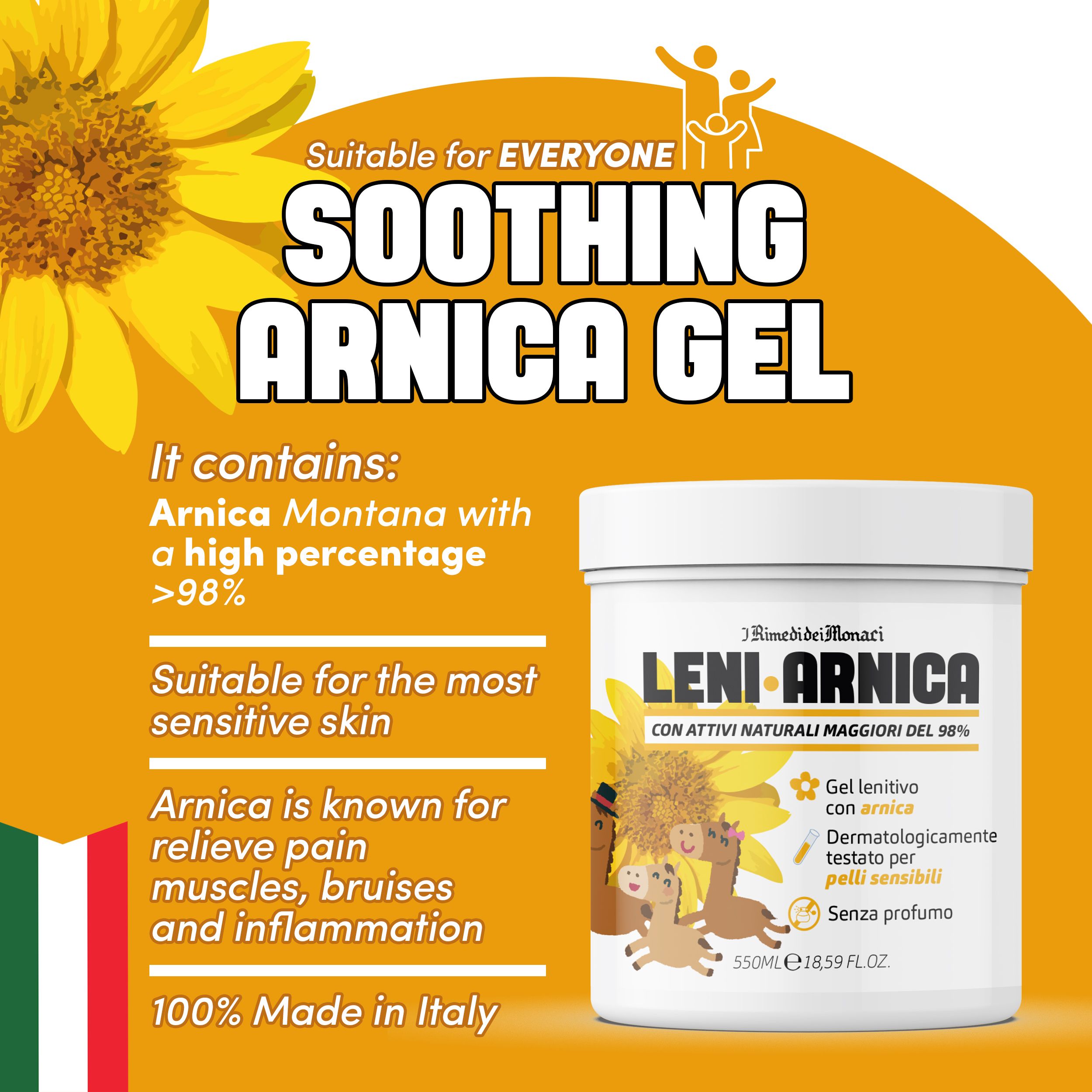 Witte pot met tekst. Gel Arnica Lenitivo, dermatologisch getest, zonder parfum. Met zonnebloemen en logo.