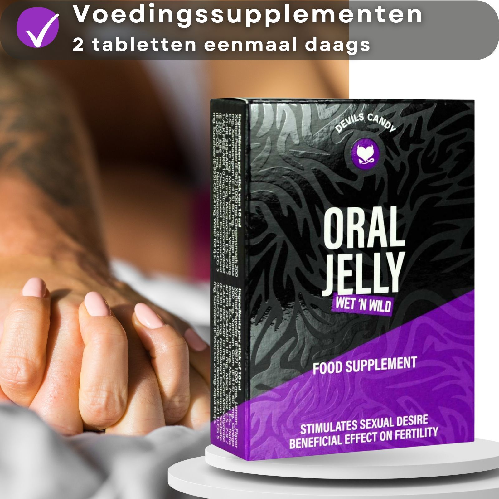 Productverpakking met tekst. Handen die elkaar aanraken. Tekst: Oral Jelly, Food Supplement.