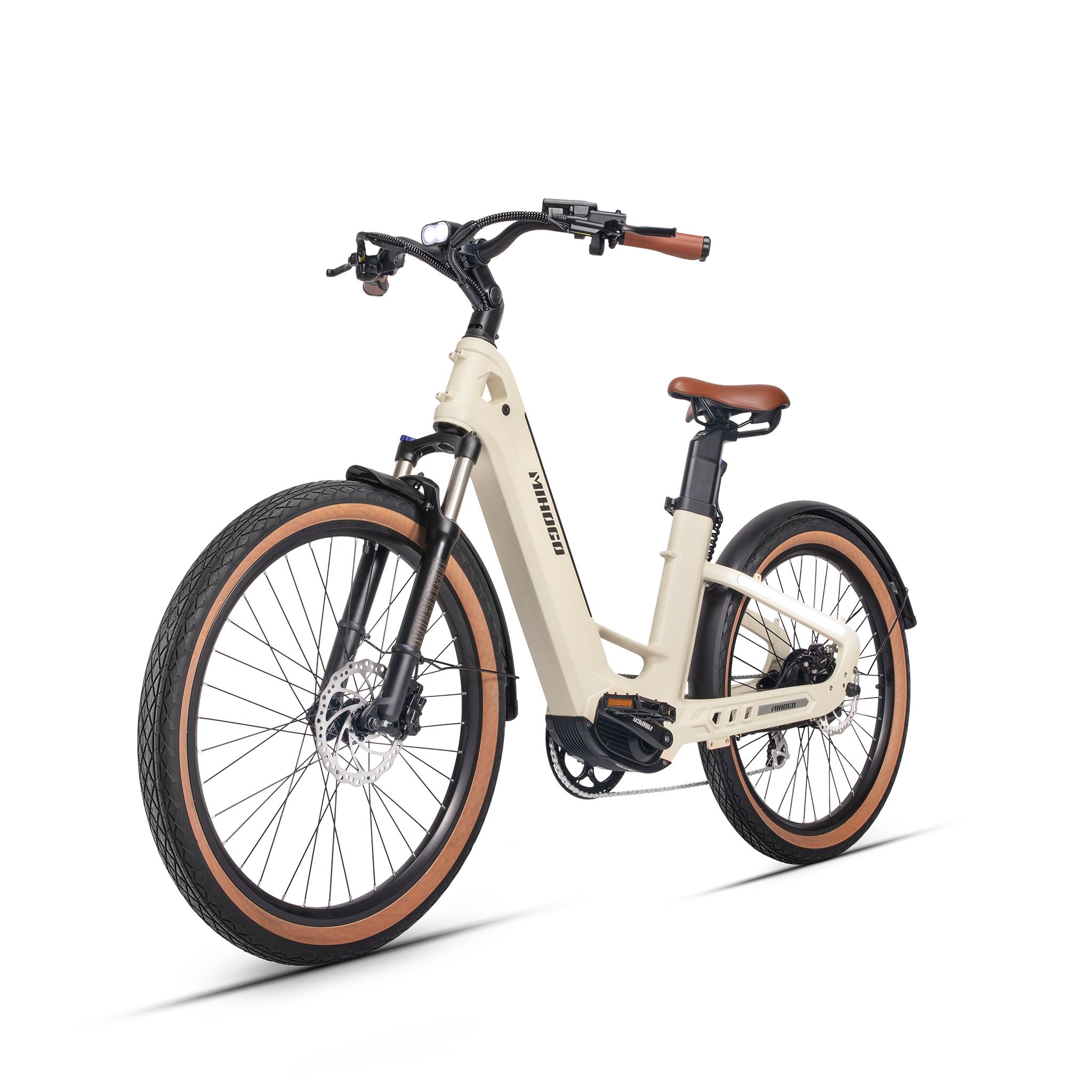 E-bike in beige met bruine banden en zadel. Zwarte spatborden en stuur. MIHOGO-logo.