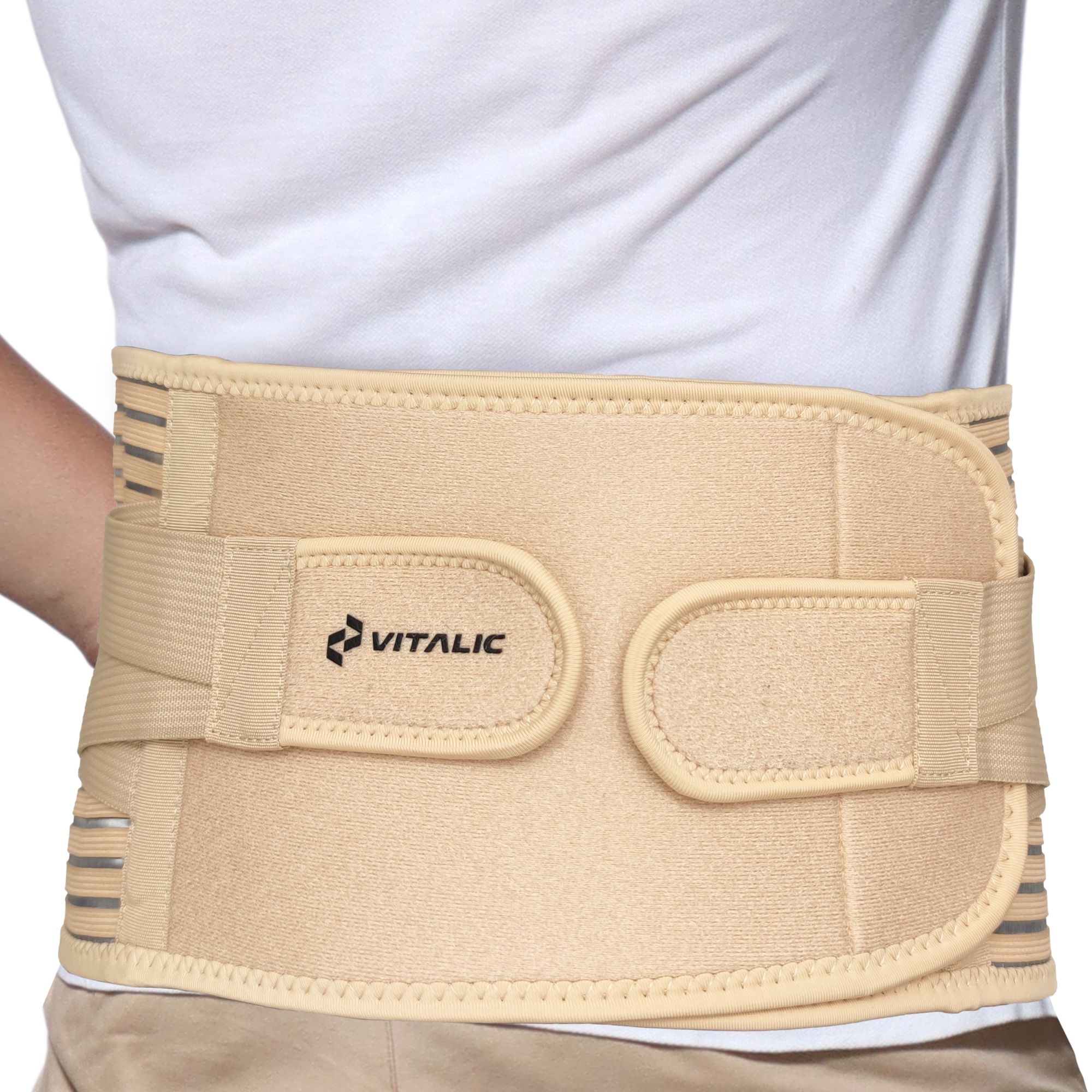 Ceinture lombaire beige avec logo. Fermetures velcro et bandes élastiques.