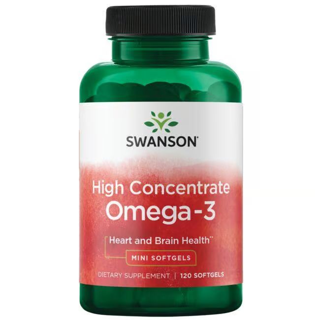 Flacon vert, bouchon noir. Étiquette avec logo SWANSON et texte: High Concentrate Omega-3. Mini Softgels. 120 gélules.