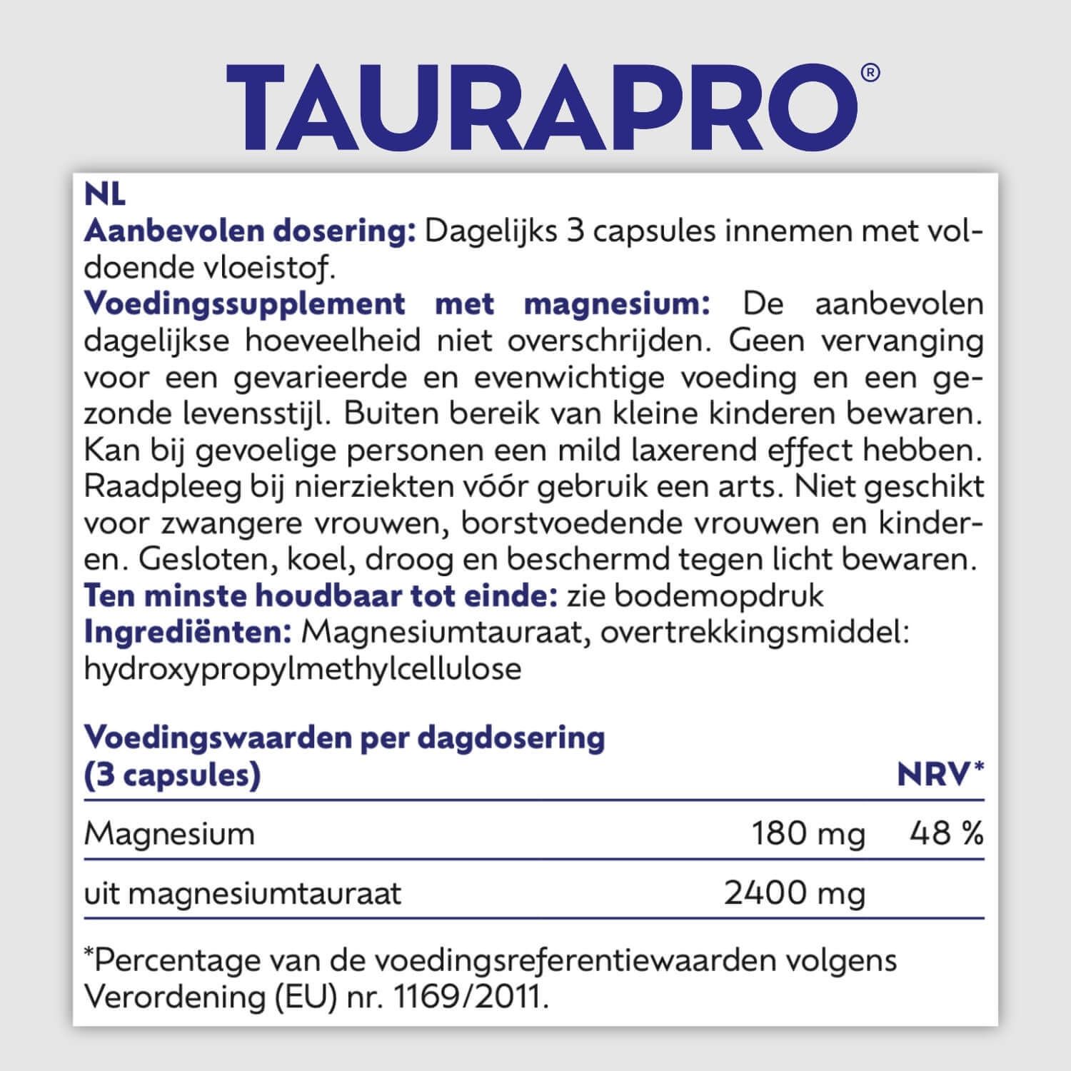 Teksttabel met ingrediënten en voedingswaarden van TAURAPRO.