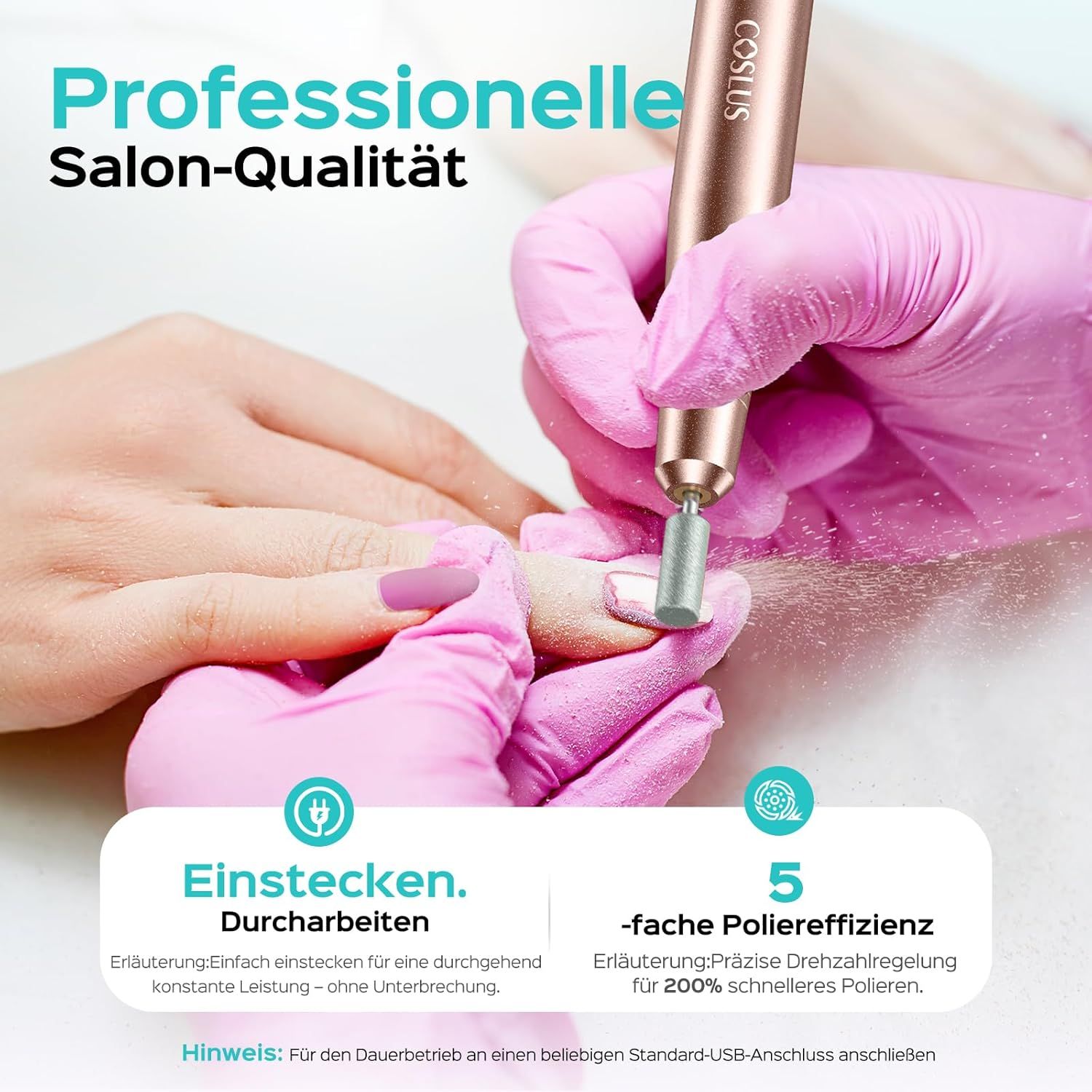 Nagelfrees in actie. Roségouden handstuk, COSLUS-logo. Tekst: Professionele salonkwaliteit. Illustraties: Inpluggen, doorwerken.