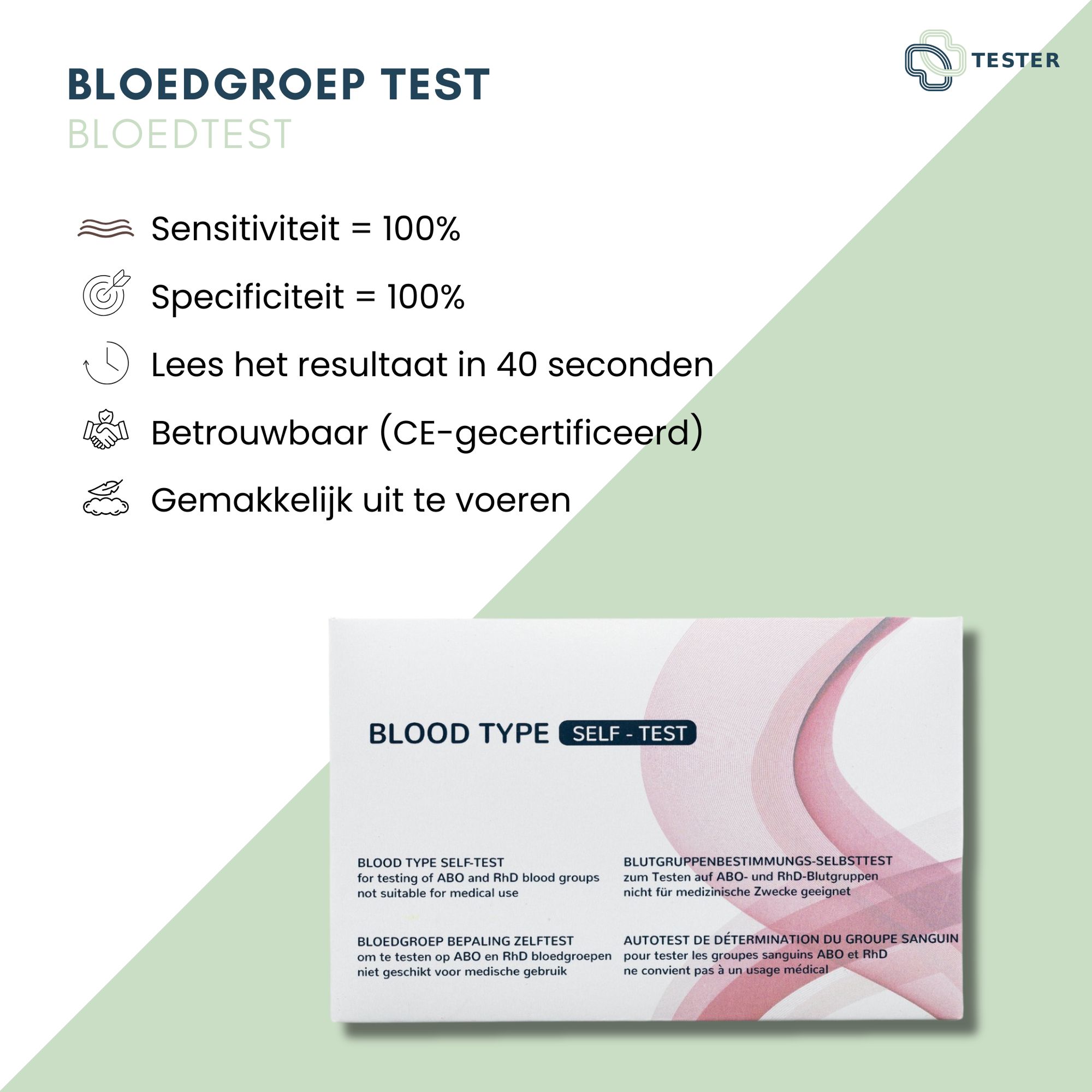 Infographic over de bloedgroep test. Bevat symbolen voor gevoeligheid, specificiteit, resultaat tijd en betrouwbaarheid. CE-certificering.
