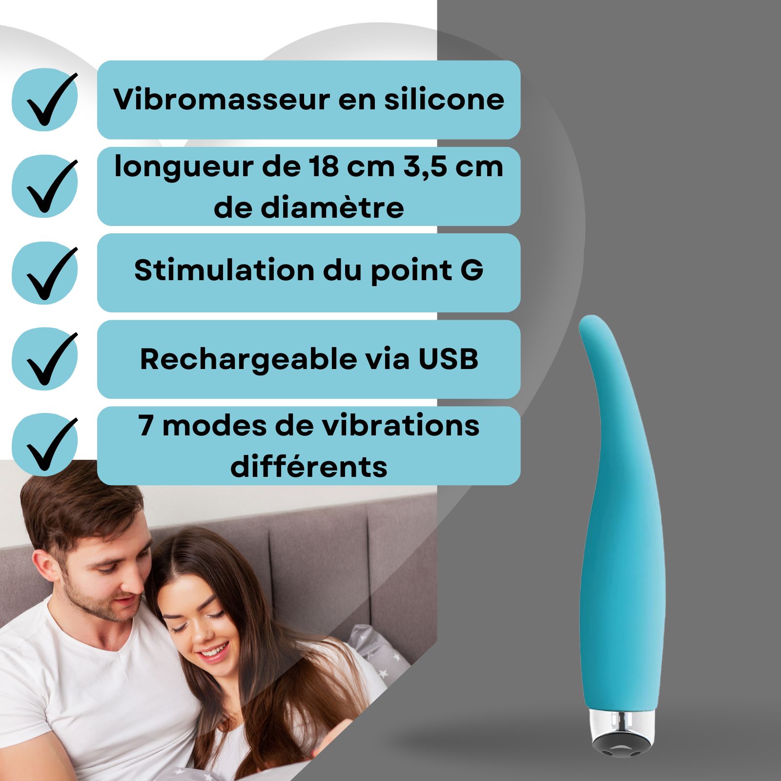 Vibrateur bleu. Texte: Vibrateur en silicone, pour la stimulation du point G.
