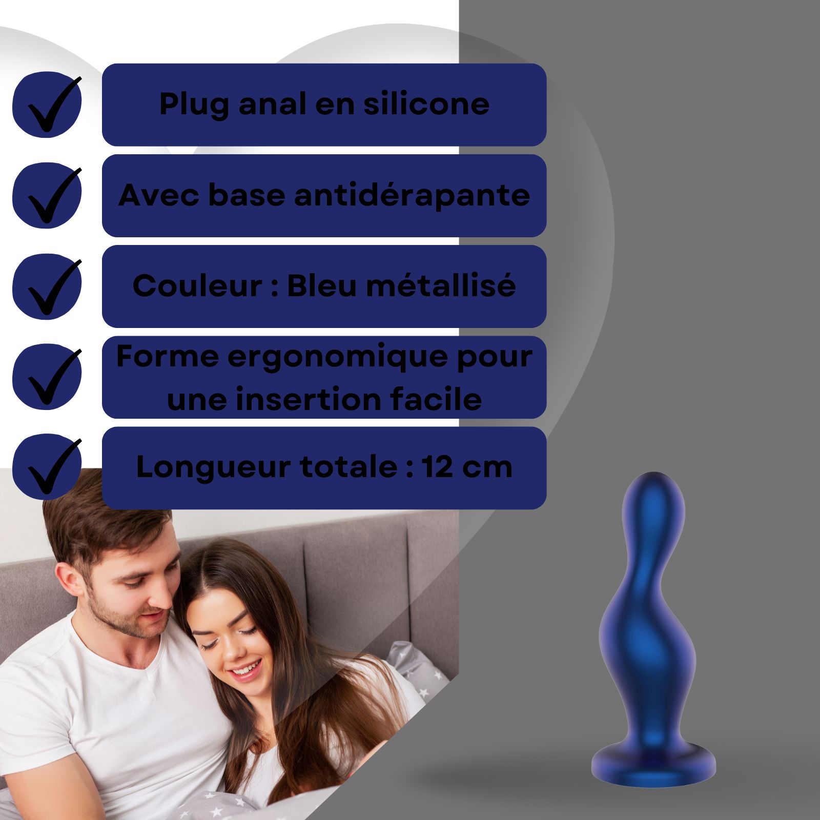 Plug anal bleu en silicone, 12 cm. Forme ergonomique, base antidérapante.
