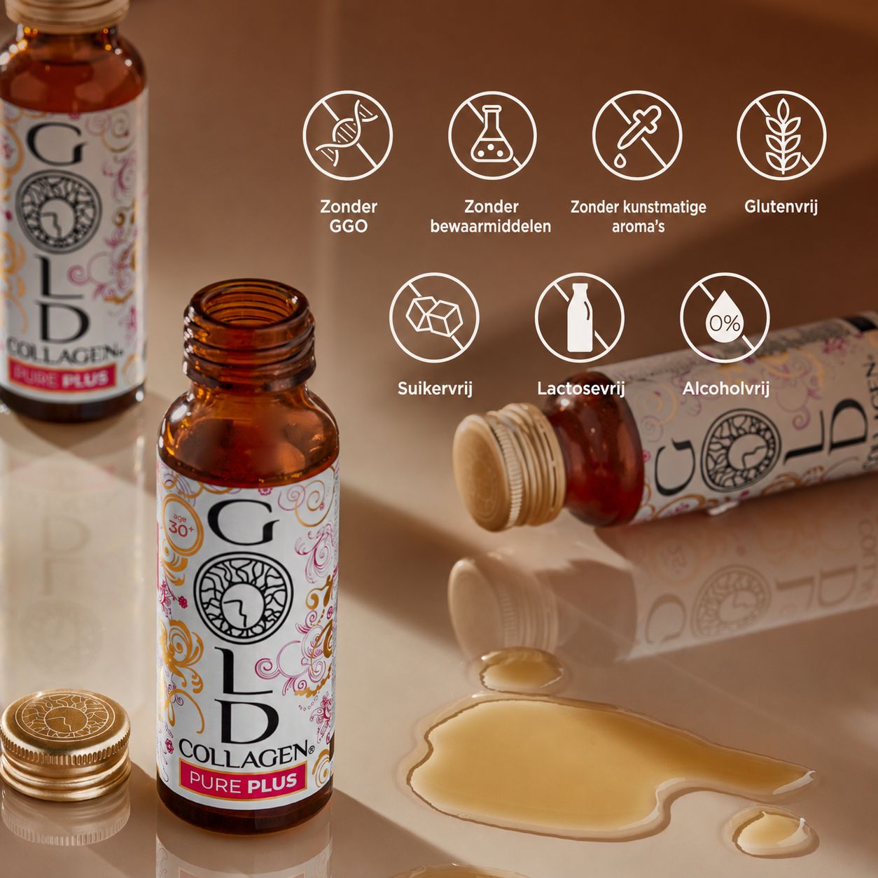 Flesje Gold Collagen Pure Plus met aanduidingen over ingrediënten, GGO-vrij.