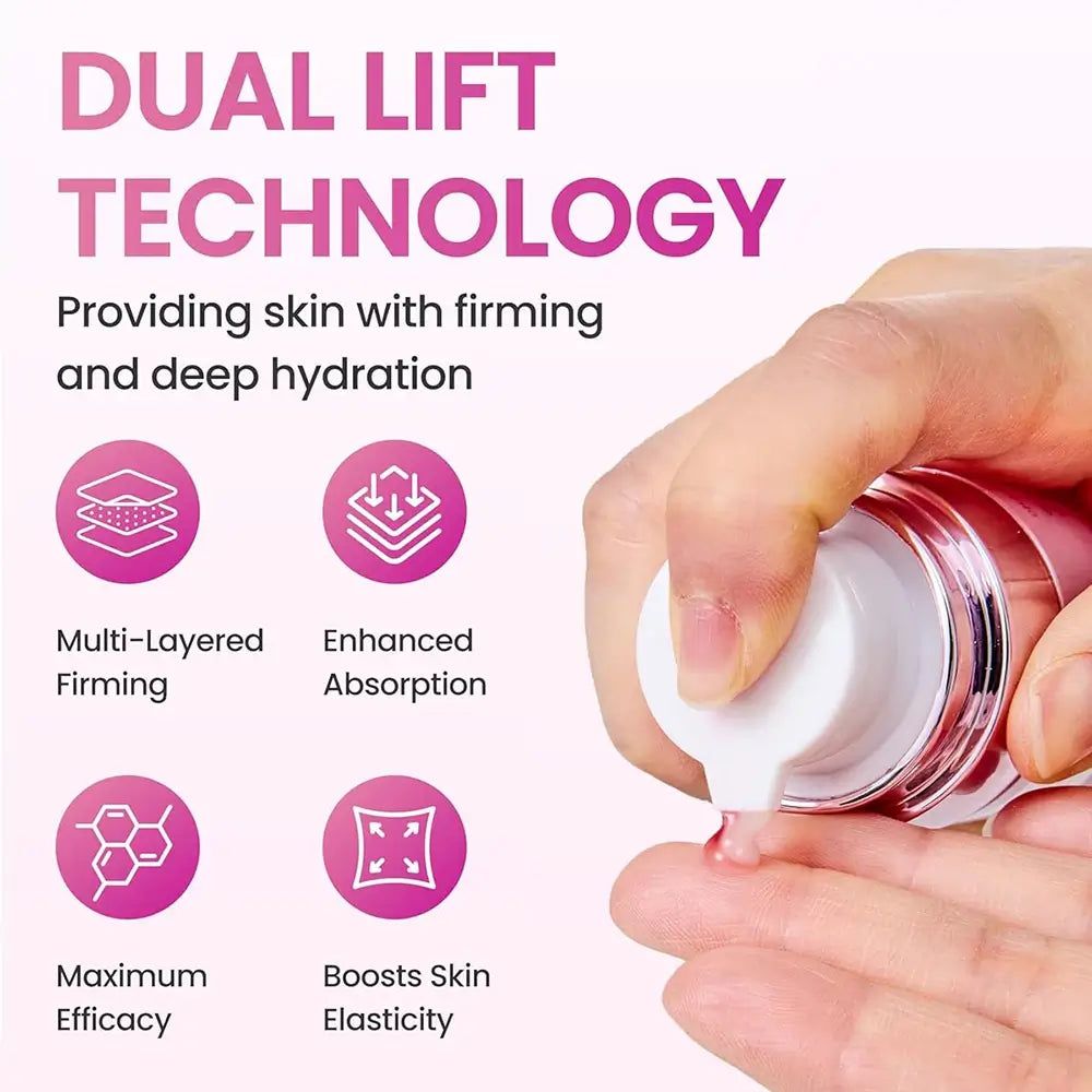 Close-up van de pomp van YADAH Collagen Dual Lift Serum met iconen voor voordelen.