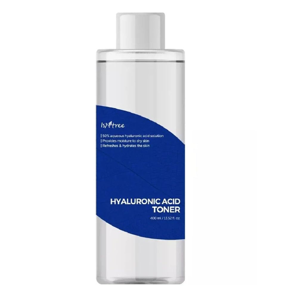 Isntree Hyaluronic Acid Toner, 400 ml. Liquide clair dans une bouteille transparente avec étiquette bleue.