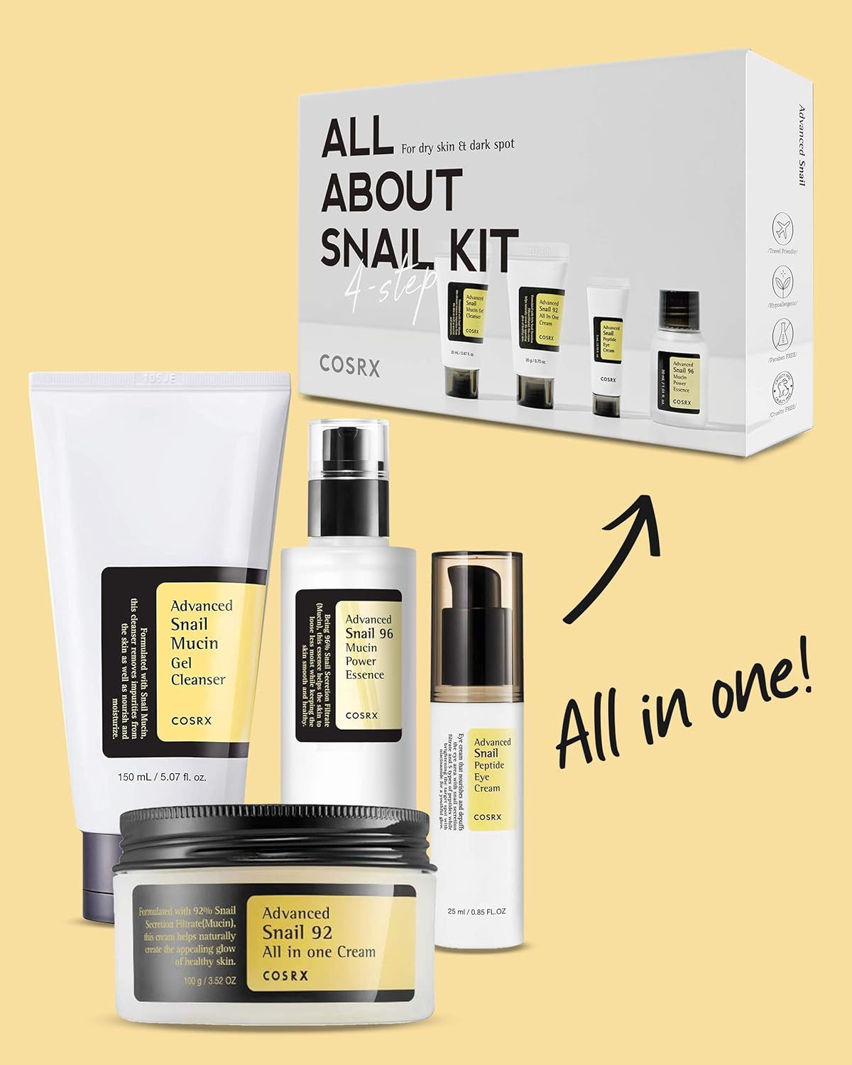 Cosmetische producten op gele achtergrond. Bevat reiniger, essence, oogcrème en crème. Alle producten in witte tubes en potjes.