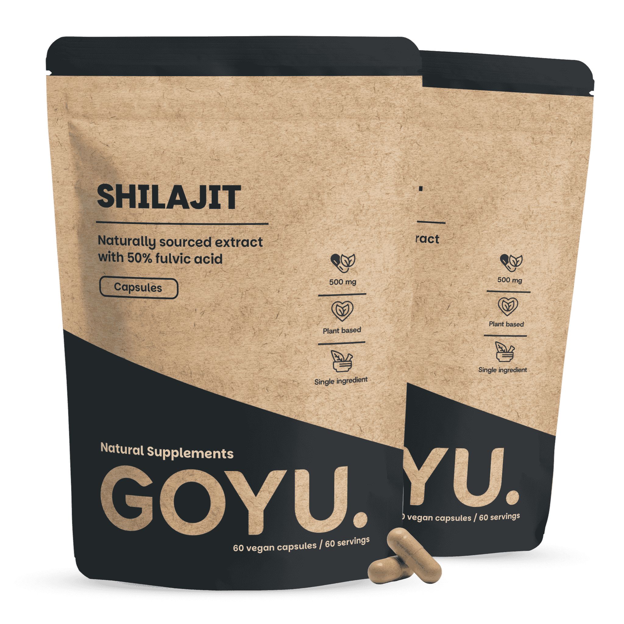 Deux sachets marron de capsules de Shilajit, 500 mg, 60 capsules végétales par sachet.