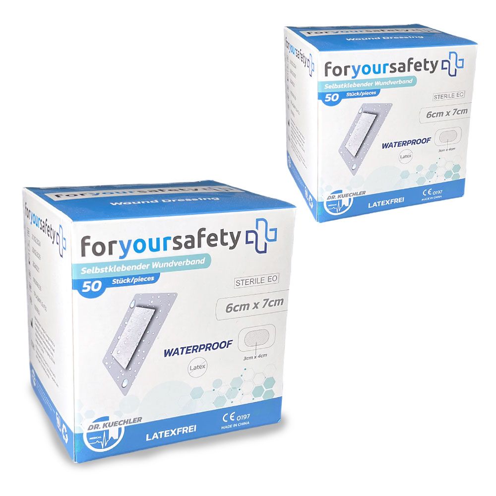 Twee verpakkingen Dr. Kuechler Medical® pleisters. 50 stuks, 6cm x 7cm, waterdicht, steriel, latexvrij.
