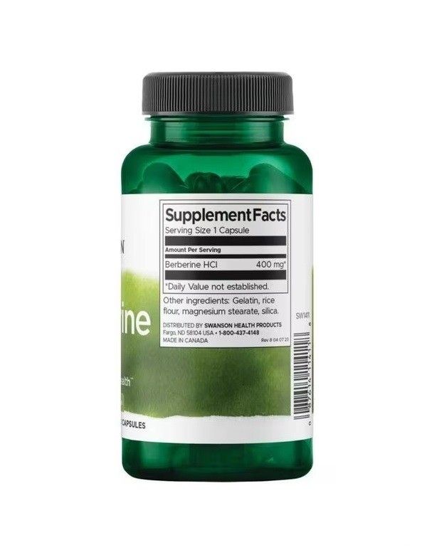 Achterkant van de fles met voedingsfeiten: Berberine HCl 400 mg, andere ingrediënten.