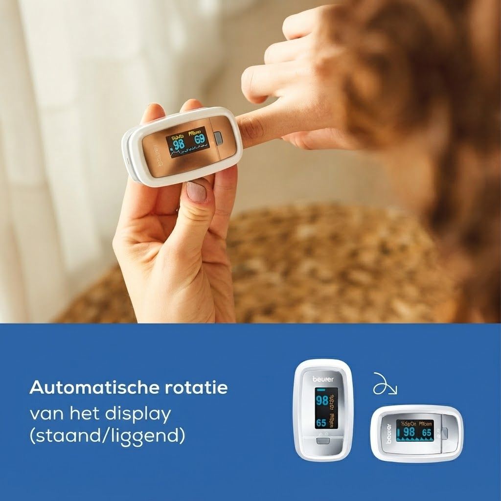 Beurer vingerpulsoximeter PO 30 in verpakking, zijaanzicht.
