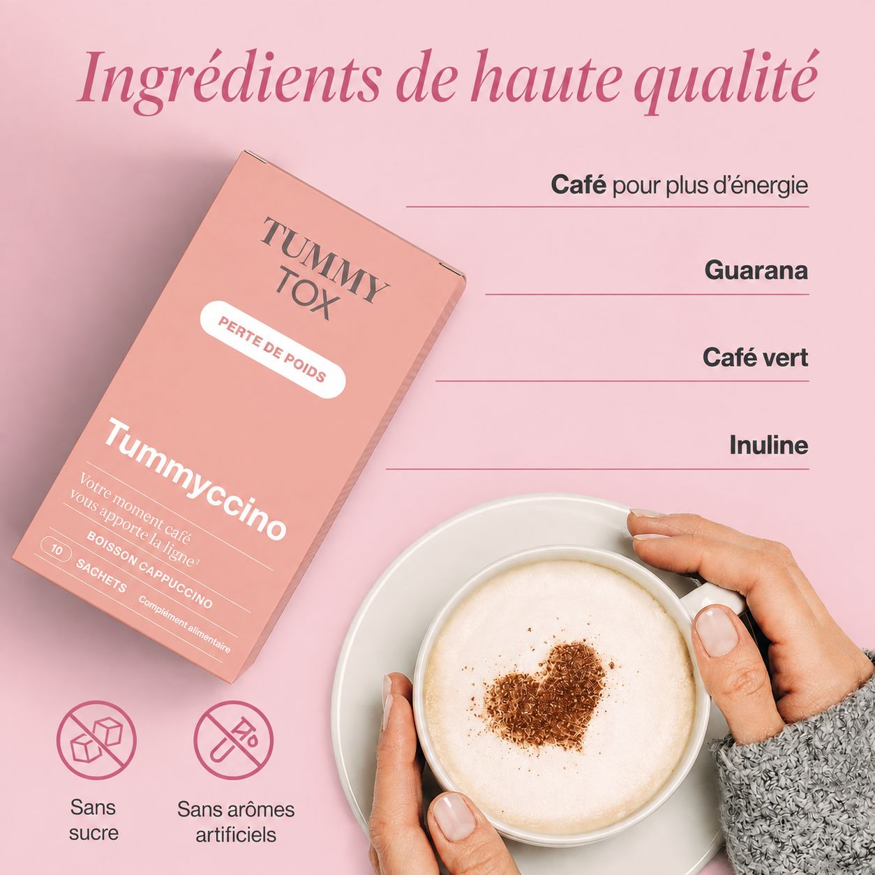 Boîte Tummy Tox et une tasse de cappuccino avec un motif en cœur. Ingrédients : Guarana, café vert, inuline.