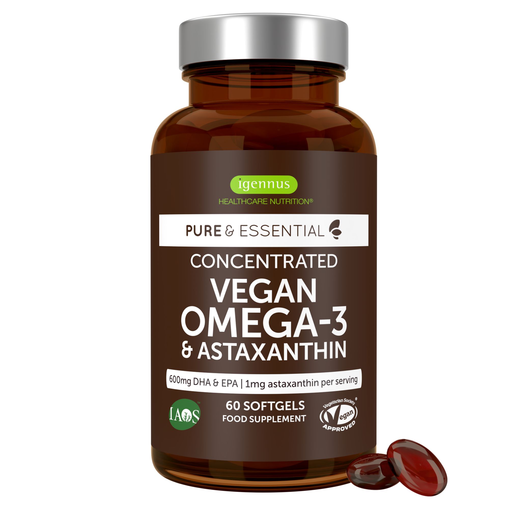 Flacon en verre brun de capsules molles Igennus Vegan Oméga-3 & Astaxanthine. Contient 60 capsules.