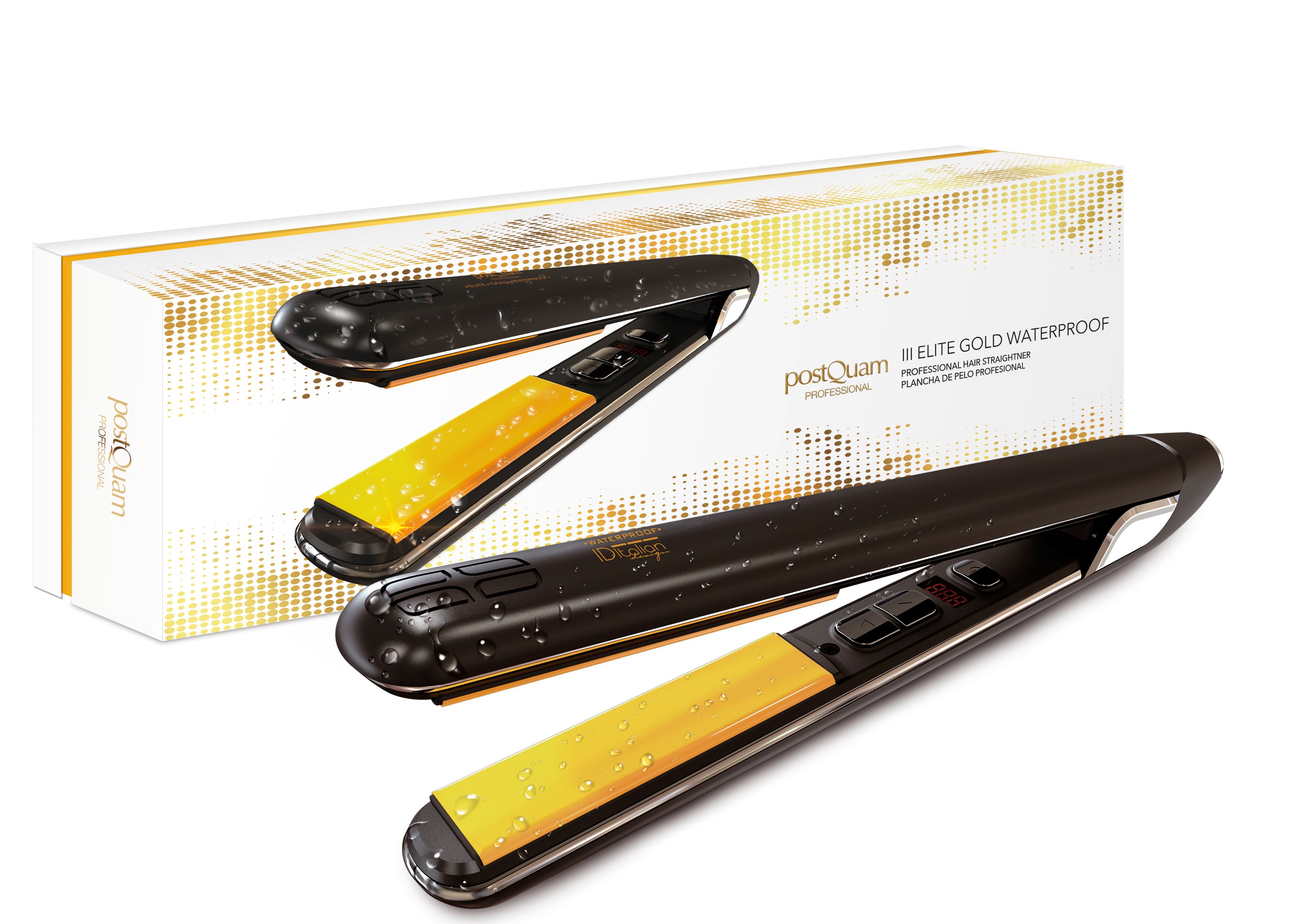 Zwarte en gele stijltang. Verpakking met productnaam. Gouden details.