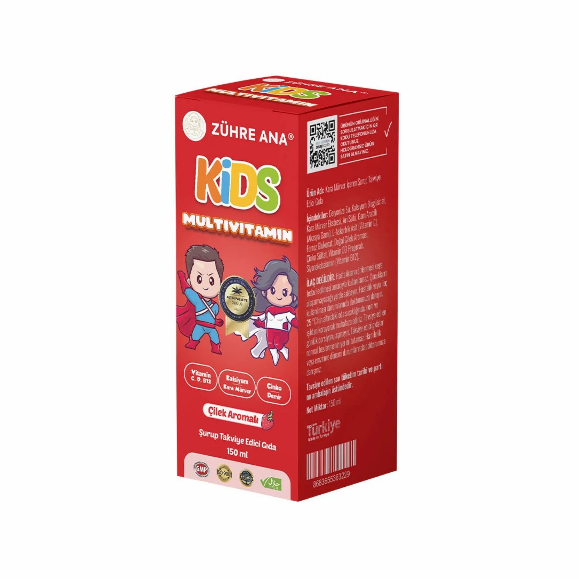 Emballage rouge. Inscription: Zühre Ana Kids Multivitamin. Arôme fraise. Avec illustrations et texte.