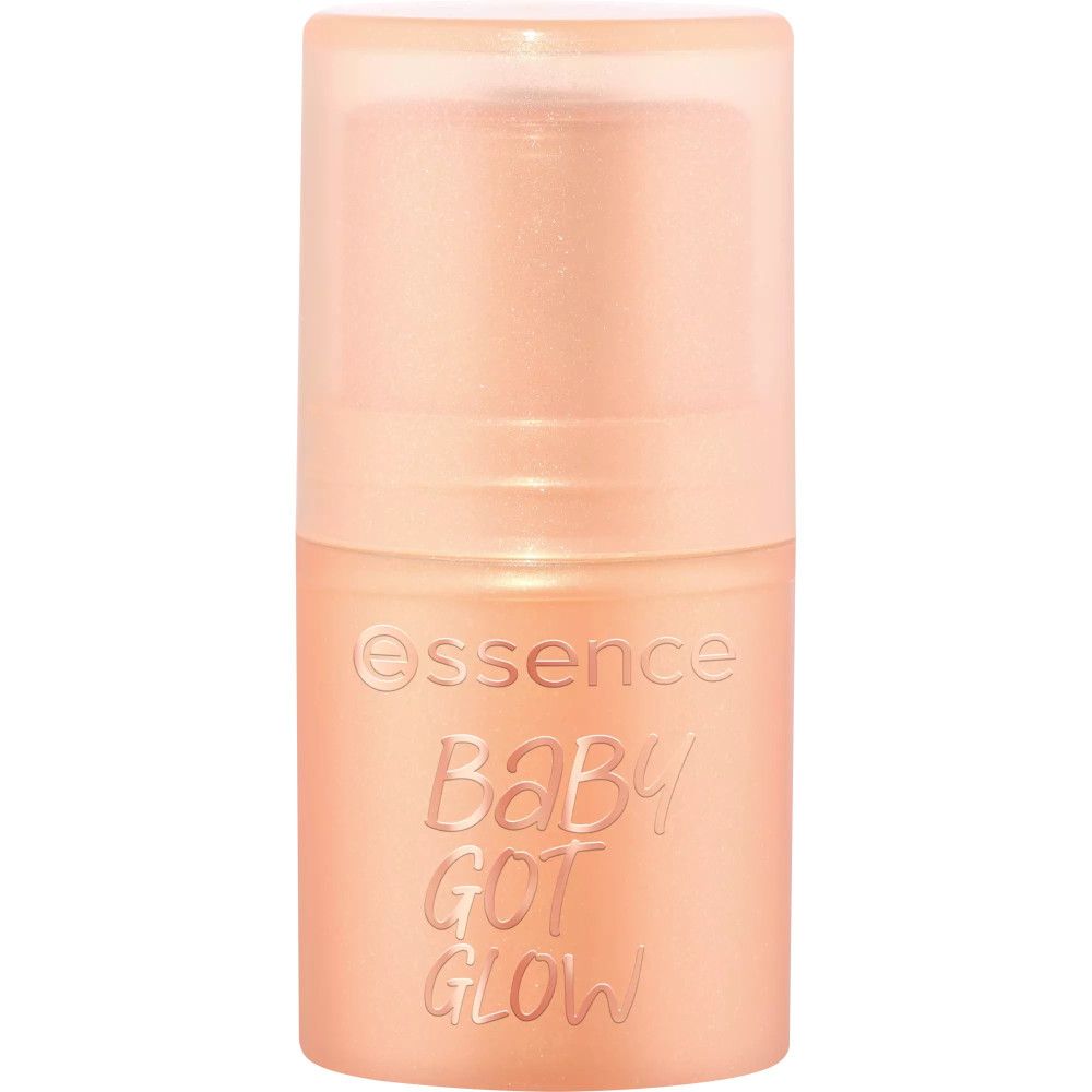 Highlighter-Stift Essence Baby Got Glow. Forme cylindrique, emballage rose. Nom du produit et marque visibles.