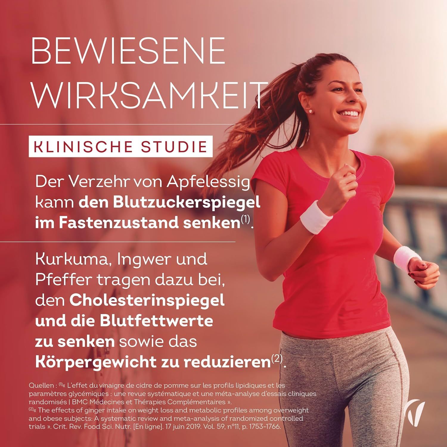 Vrouw die rent met tekst over klinische studies naar appelazijn, kurkuma, gember en peper voor bloedsuiker, cholesterol en lichaamsgewicht.