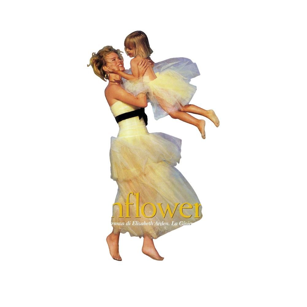 Femme et enfant en robes jaunes. Inscription: Sunflower, Eau de Toilette. Marque: Elizabeth Arden.