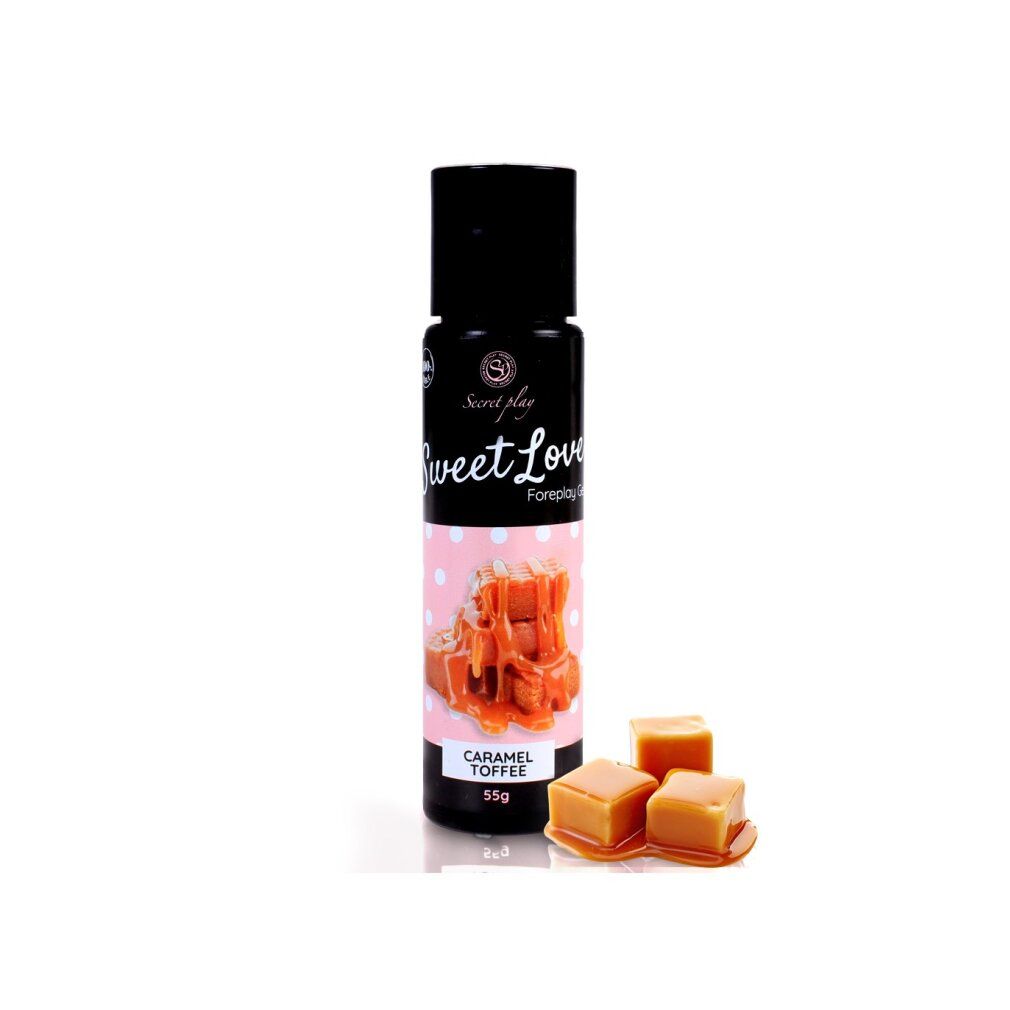 Fles Sweet Love Foreplay Gel Caramel Toffee, 55g, met karamel-toffee stukjes.