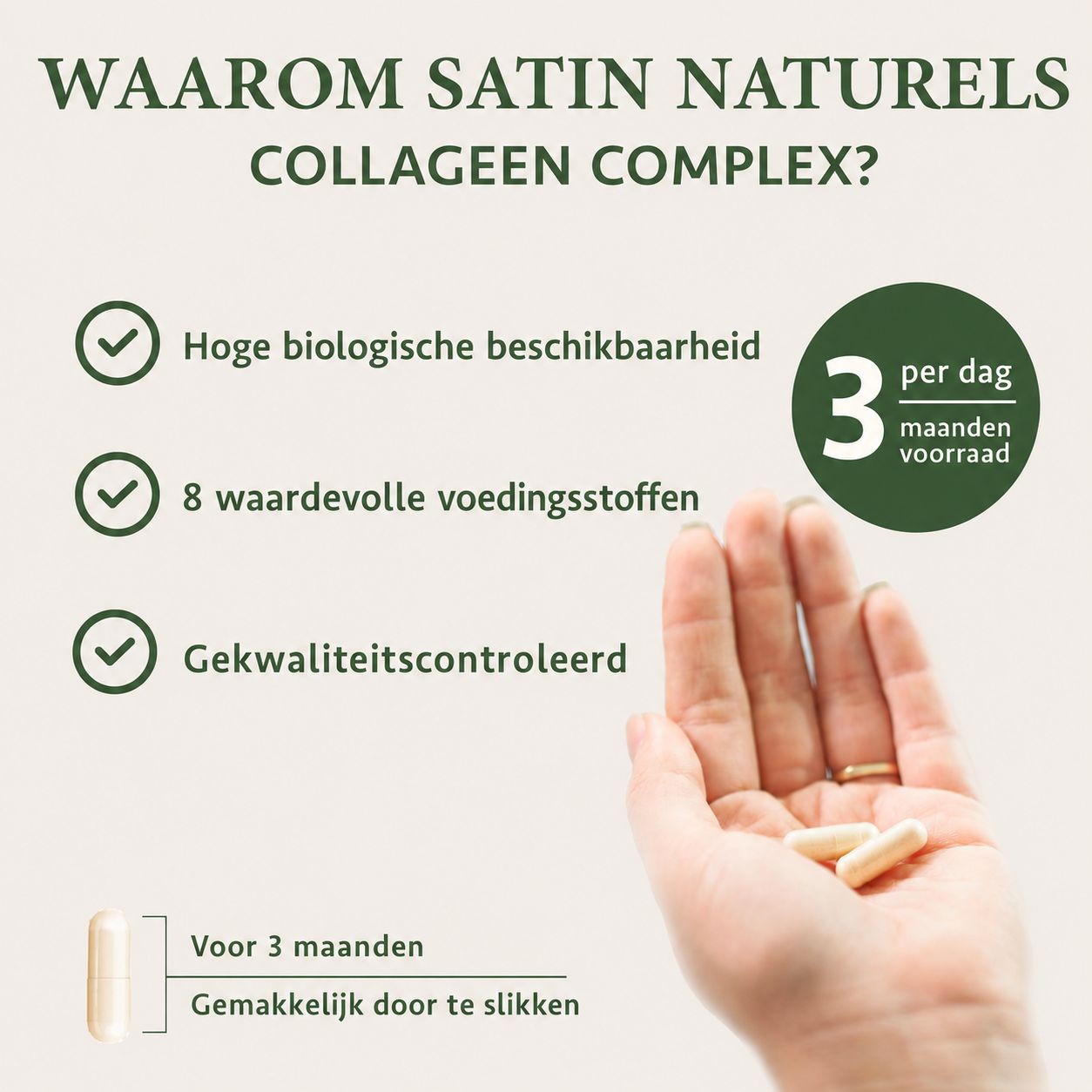 Collageen complex capsules: Hoge biologische beschikbaarheid, 8 voedingsstoffen, kwaliteitsgecontroleerd. 3 capsules per dag voor 3 maanden.