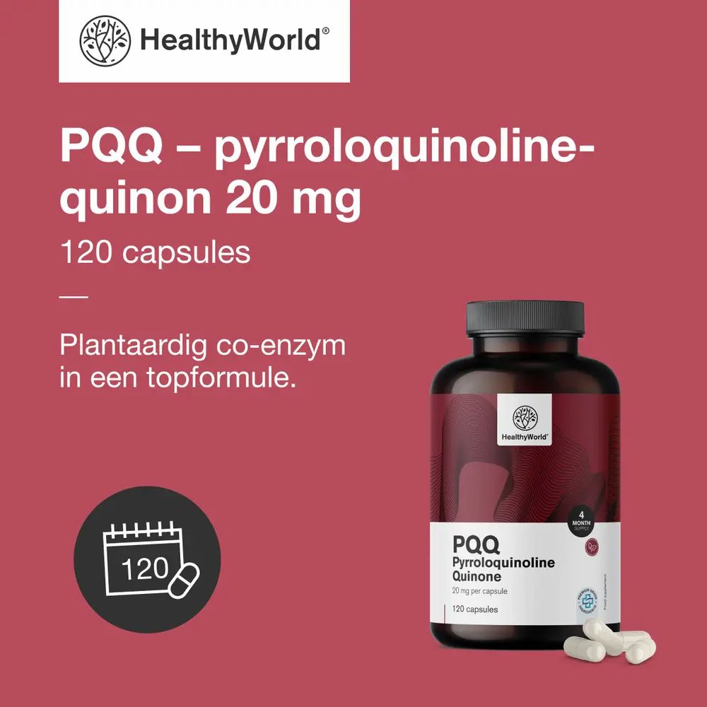 Fles en tekst: PQQ Pyrrolochinoline Quinone 20 mg, 120 capsules. Plantaardig co-enzym. Merk: HealthyWorld.