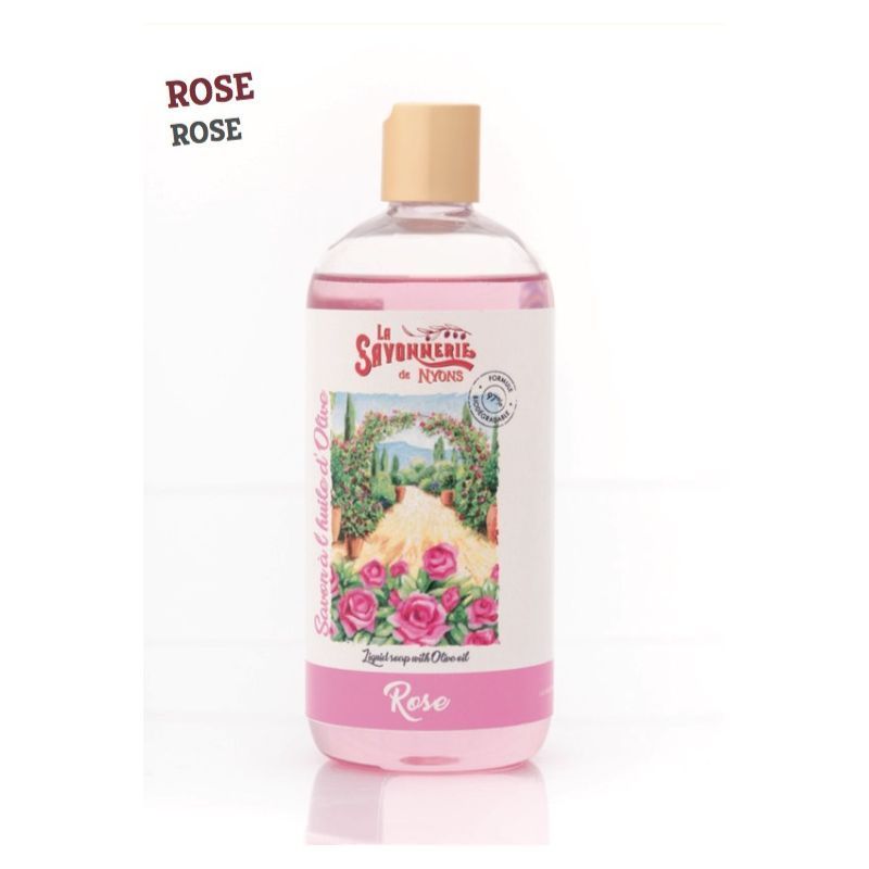 Recharge de savon liquide Rose. Bouteille avec liquide rose et bouchon beige. Étiquette avec motif de roses et texte.