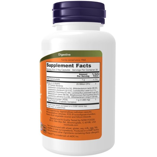 Witte fles met oranje etiket. Bevat 90 vegicapsules. Opschrift: NOW Foods Probiotic-10 & Bifido Boost.