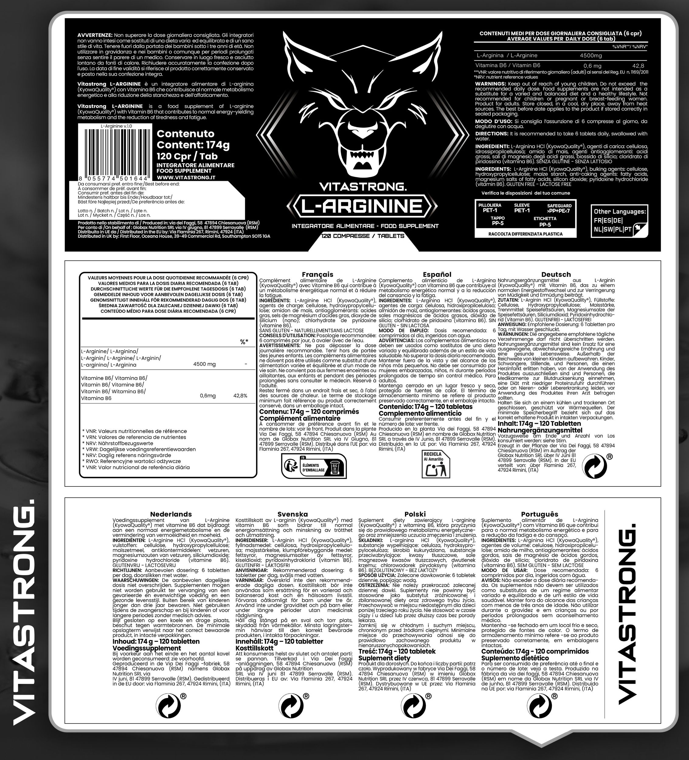 Etiket van een voedingssupplement. Bevat informatie over ingrediënten, dosering en waarschuwingen. Merk: Vitastrong.