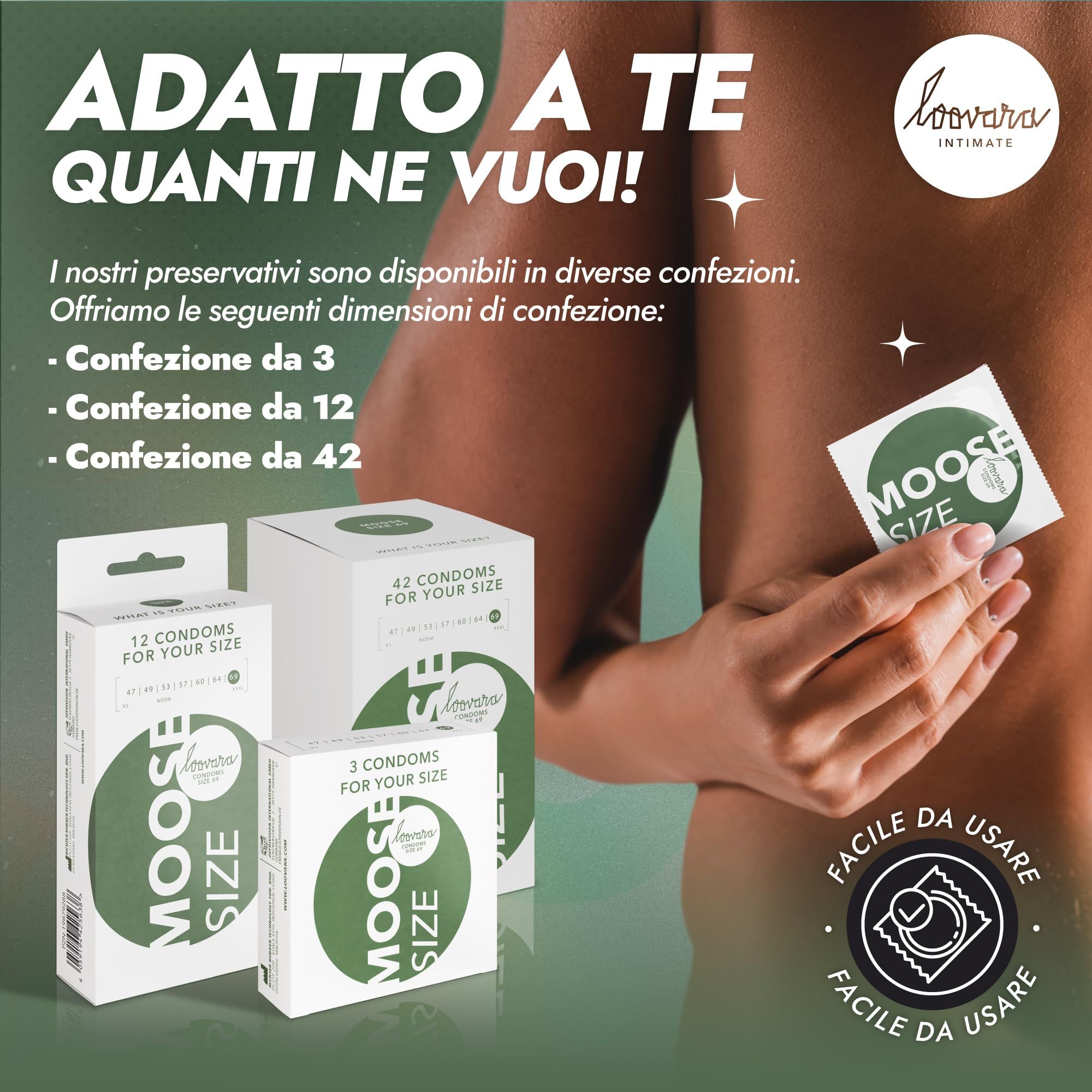 Boîtes de préservatifs Loovara en différentes tailles : 3, 12 et 42 unités.