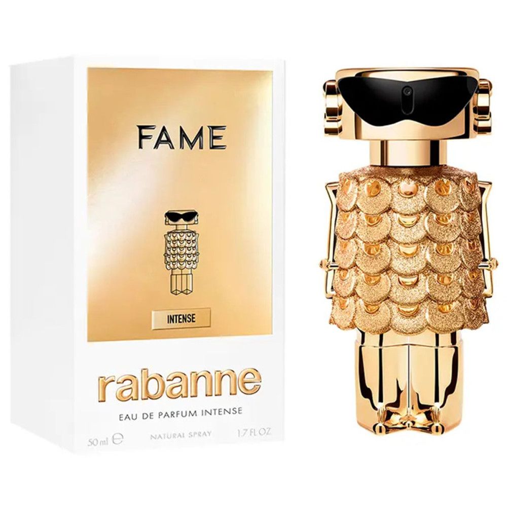 Gouden fles met zwarte zonnebril en verpakking. Opschrift: FAME, rabanne, Eau de Parfum Intense.