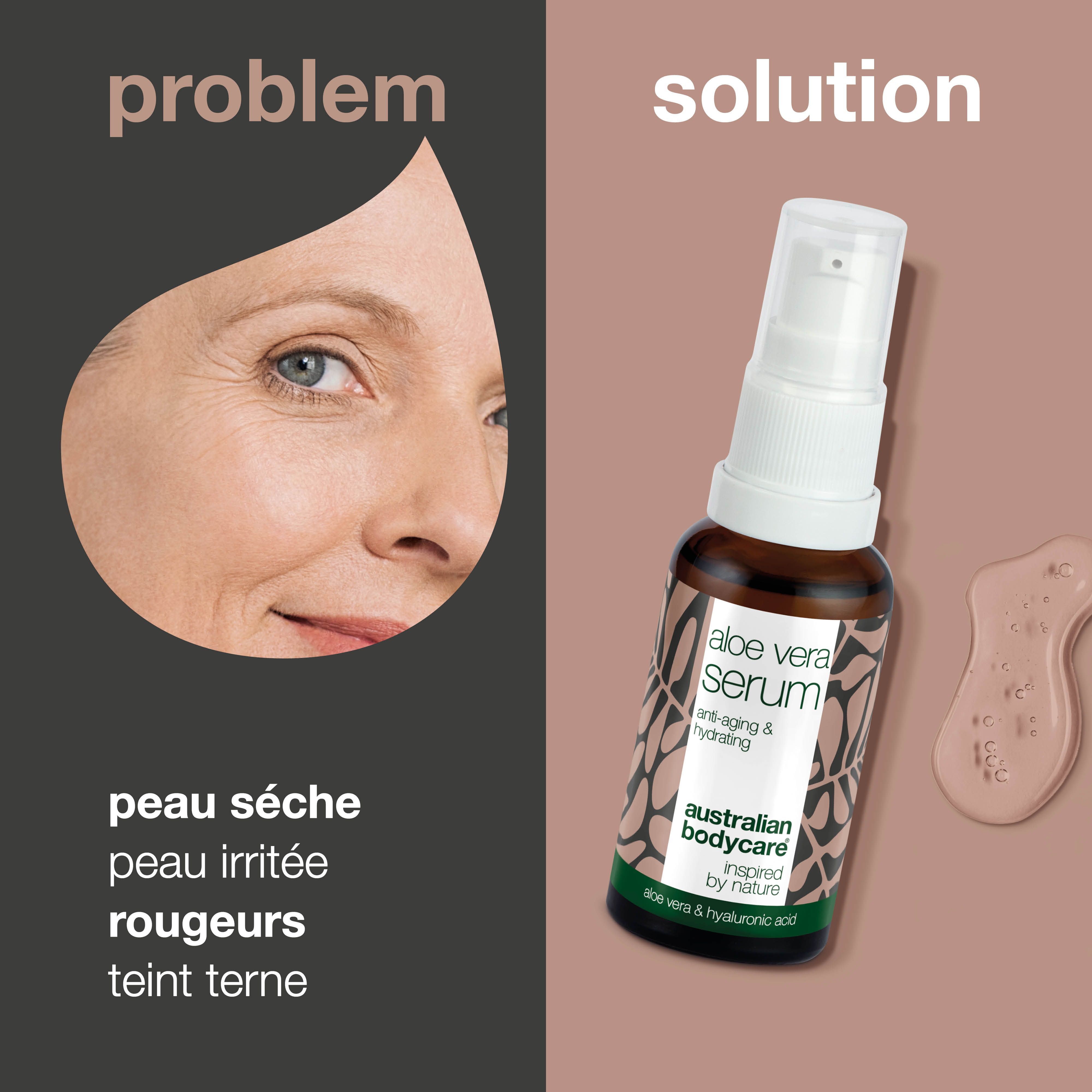 Visage ridé. À côté, flacon de sérum. Texte : Problème, Solution. Nom du produit : Australian Bodycare Aloe Vera Serum.