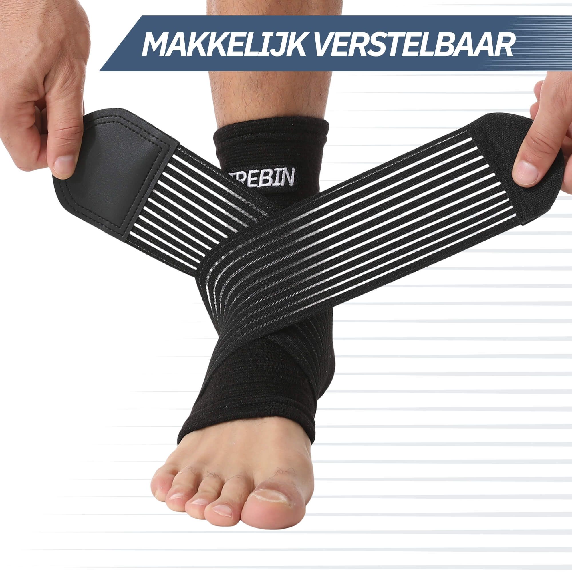 Zwarte enkelbrace met verstelbare klittenbandsluitingen en elastische banden.