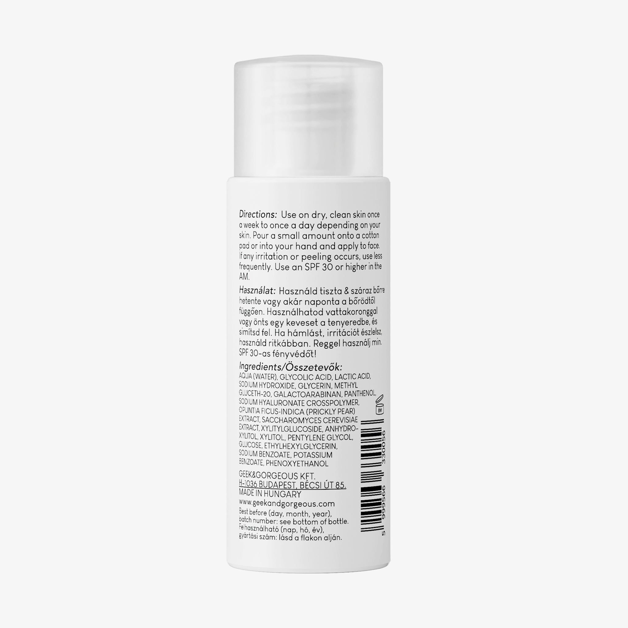 Dos du flacon blanc avec texte. Contient instructions, ingrédients et coordonnées.