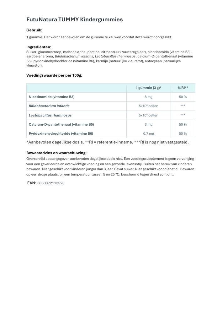 Tekstdocument met informatie over FutuNatura Tummy Kindergummies. Bevat ingrediënten, voedingswaarden en waarschuwingen.