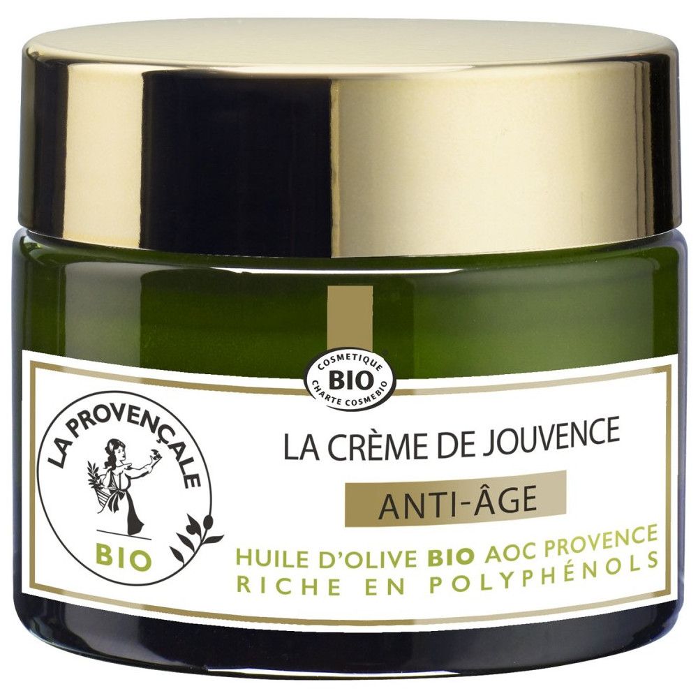 Groene glazen pot met gouden deksel. Opschrift: La Provençale Bio, La Crème de Jouvence, Anti-Âge. Bio-certificering.