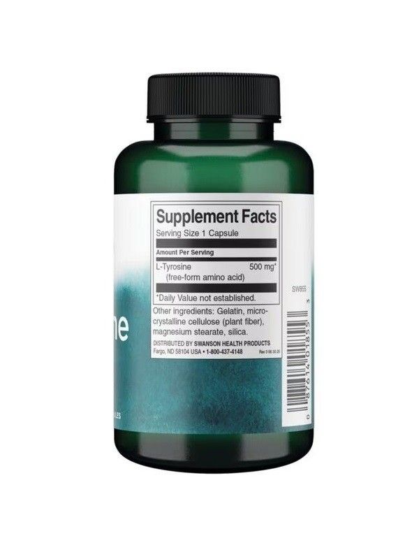 Achterkant van een L-Tyrosine fles, Supplement Facts toont 500 mg L-Tyrosine per capsule.