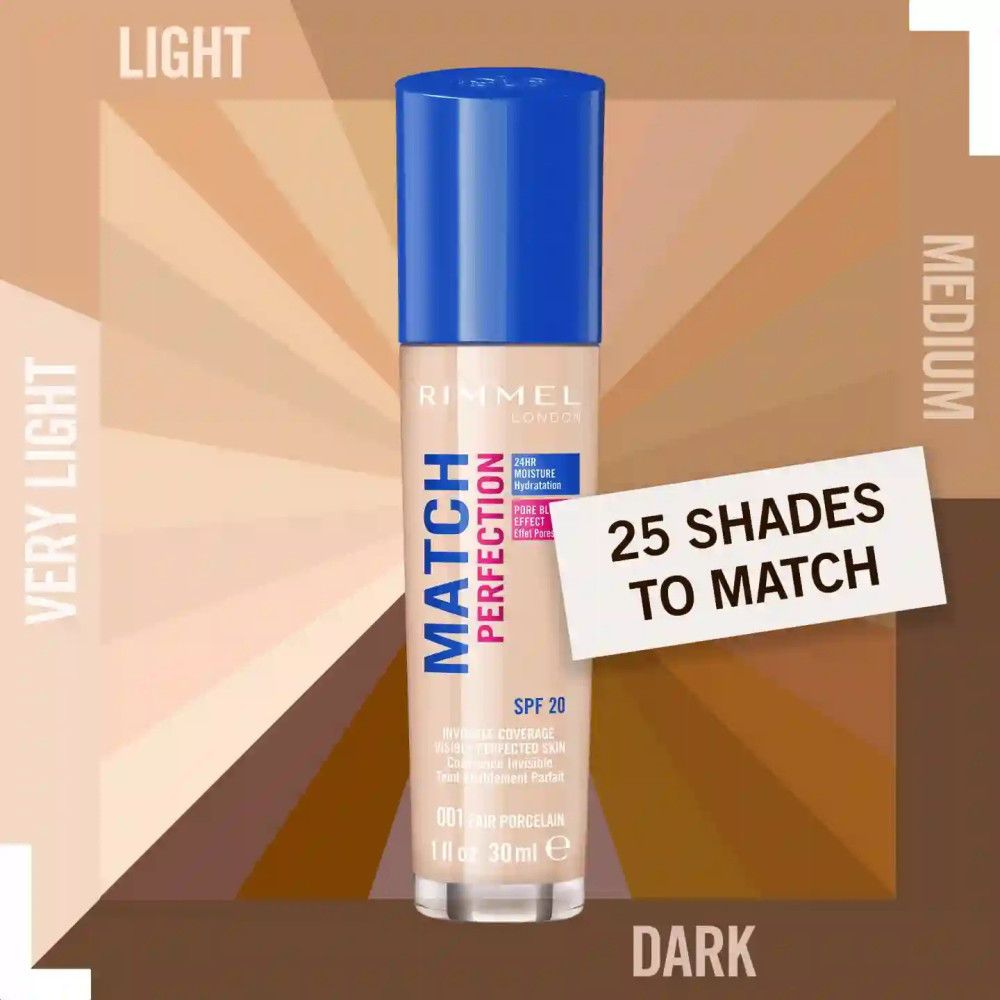 Fond de teint liquide en flacon de verre avec bouchon bleu. Inscription: Rimmel Match Perfection, SPF 20. 25 teintes.