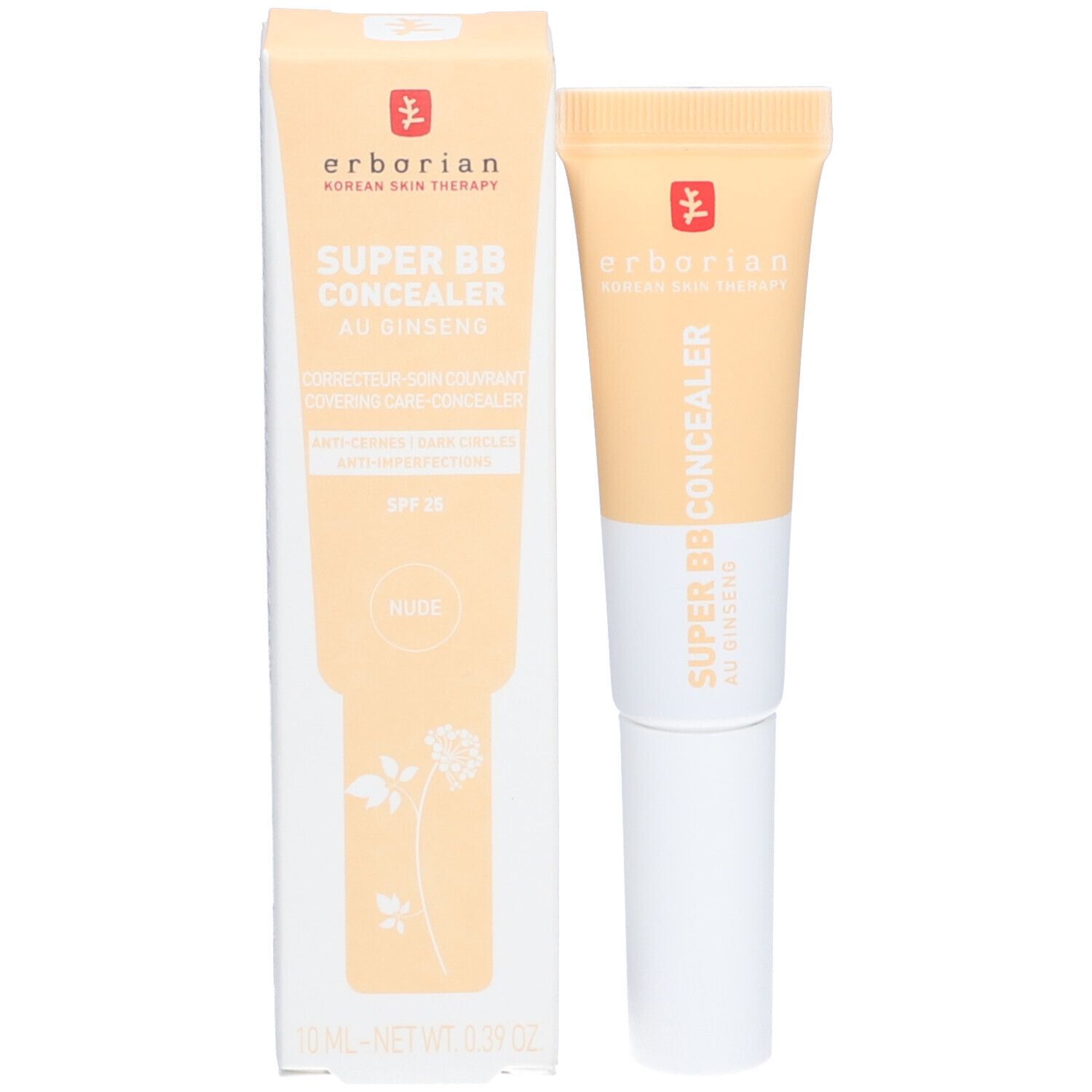 Tube de correcteur et emballage. Marque Erborian. Inscription SUPER BB CONCEALER AU GINSENG. Couleur NUDE. 10 ml.