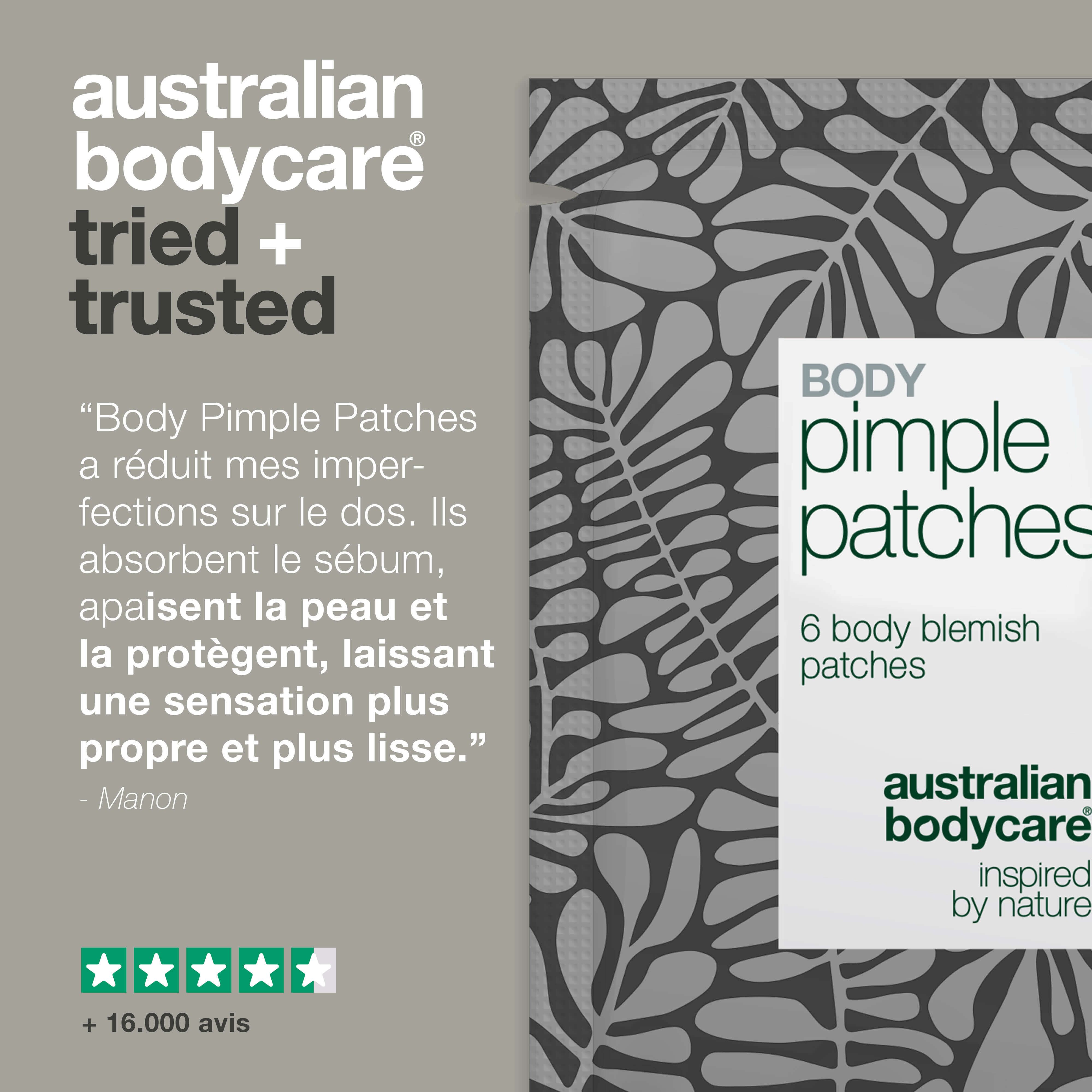 Emballage 'Body Pimple Patches' à côté d'une citation et d'une évaluation. Texte : 'Tried + Trusted'.
