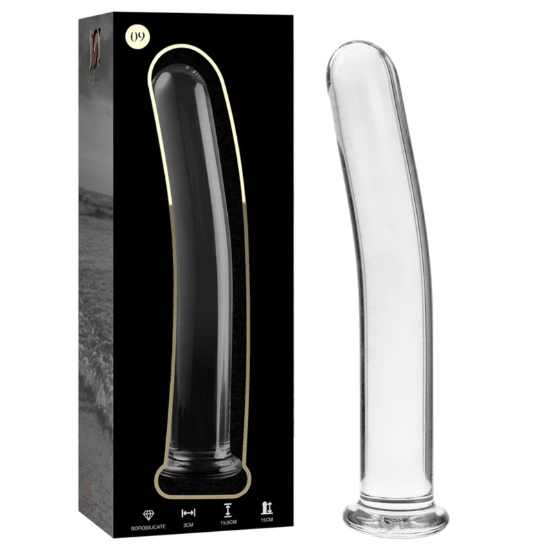 Dildo en verre borosilicaté, modèle 9, transparent, base large, pointe courbée. Emballage avec image produit et dimensions.