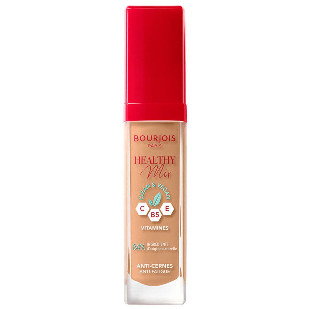 Flacon de correcteur avec bouchon rouge. Inscription: Bourjois Healthy Mix Vitamines. Teinte: 54-Sun Bronze. Anti-Cernes.