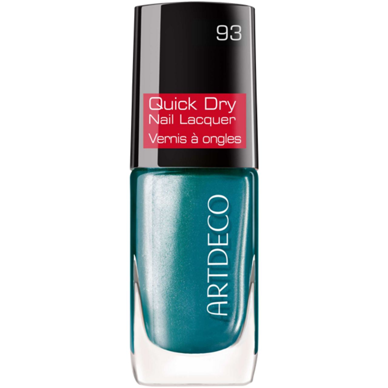 Turquoise nagellak in glazen fles. Zwarte dop met rood etiket: Quick Dry Nail Lacquer. Merk: Artdeco. Nummer 93.