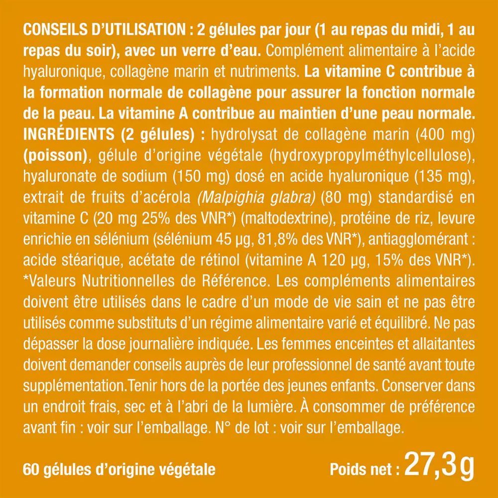 Texte avec conseils d'utilisation et ingrédients. 60 gélules végétales. Poids net: 27,3 g.
