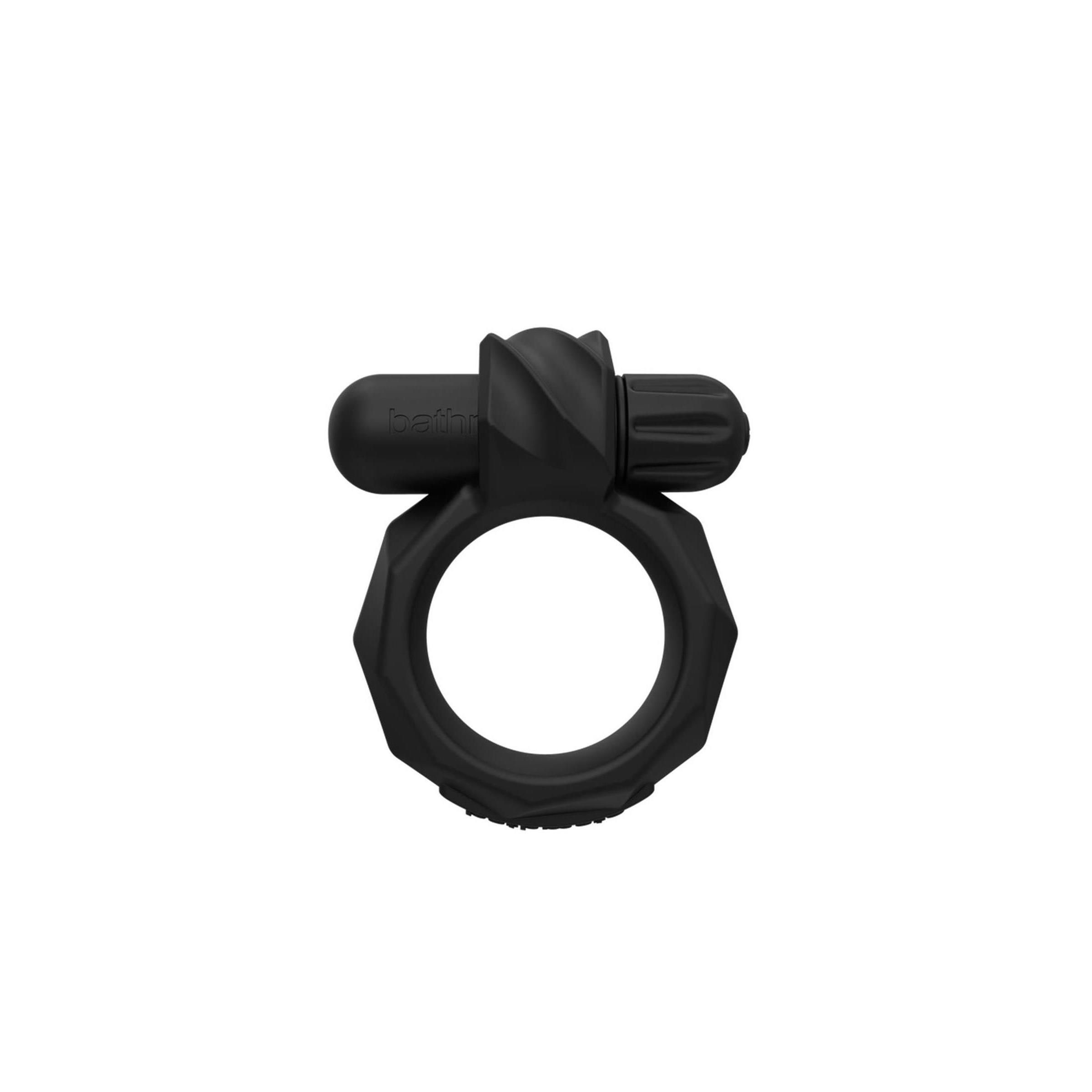 Zwarte ring met vibrerend opzetstuk. Geometrisch ontwerp.