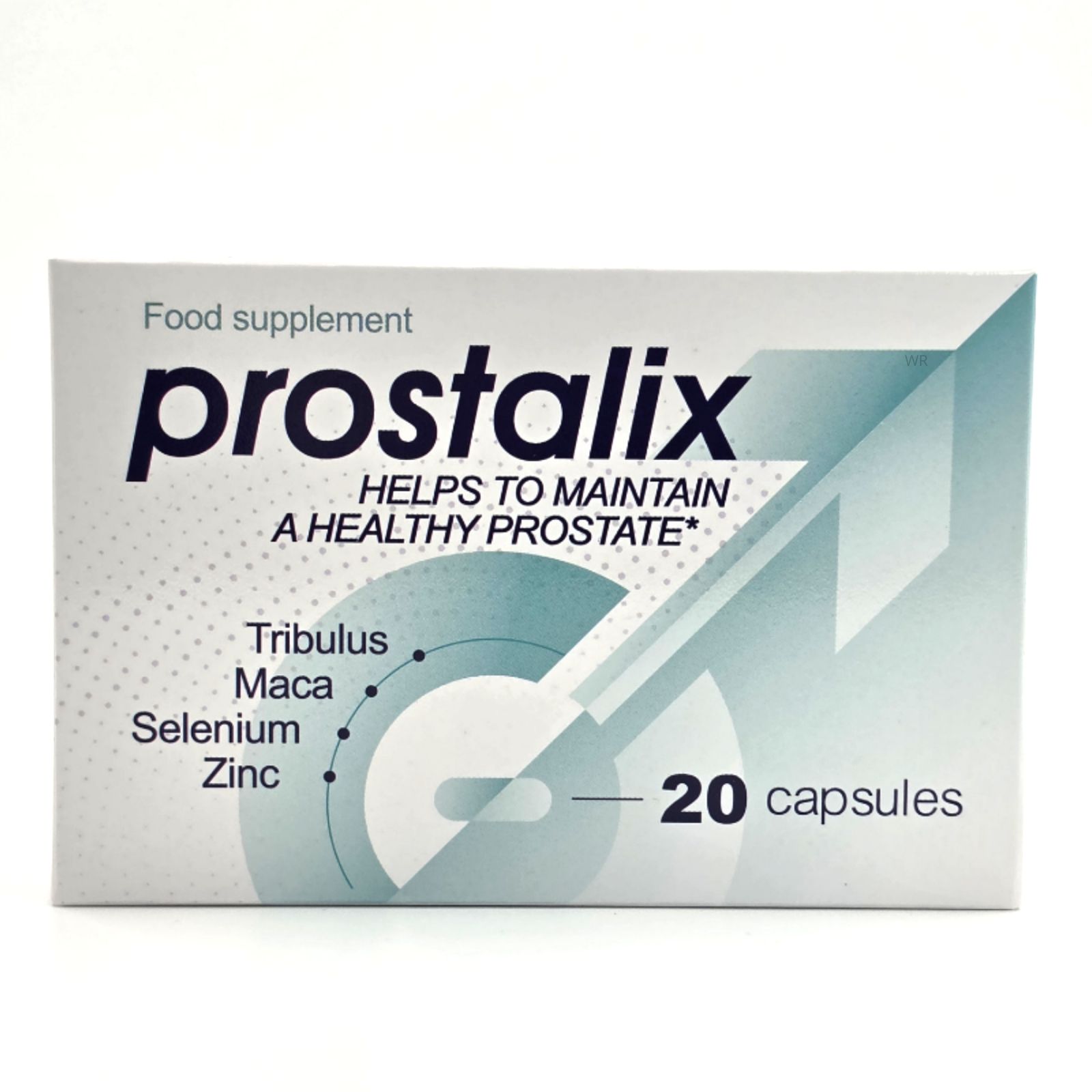 Emballage de 20 gélules Prostalix, contient Tribulus, Maca, Sélénium, Zinc.