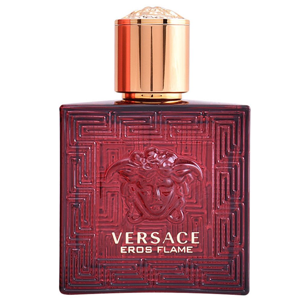 Flacon rouge. Bouchon doré. Inscription: VERSACE EROS FLAME. Eau de Parfum.