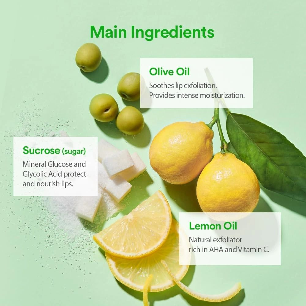 Grafiek met ingrediënten: citroenen, olijven, suikerklontjes. Tekst: Lemon Oil, Sucrose, Olive Oil. Belangrijkste ingrediënten.
